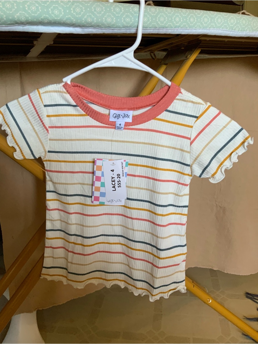 LuLaRoe Off White Ribbed Tee with Coral Trim and Multicolor Stripes